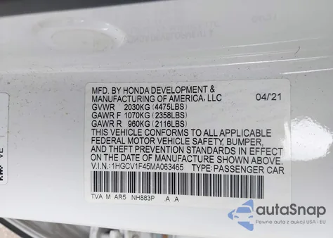 2021 Honda Accord Sport Se из США, поврежденный, VIN 1HGCV1F45MA063465